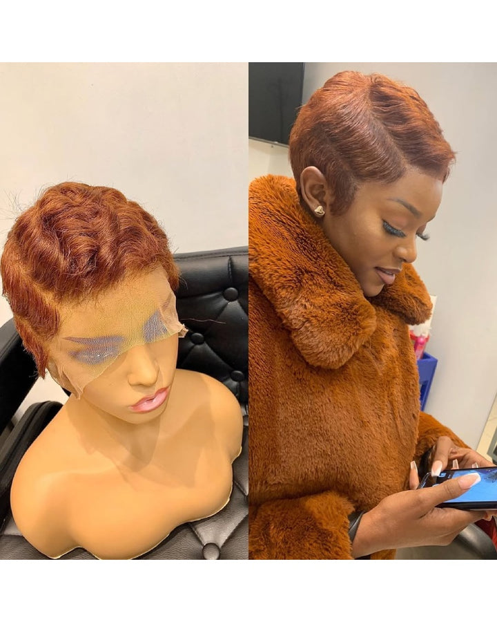 Copper Brown Full Lace Edgy Side Cut Short Pixie Wig