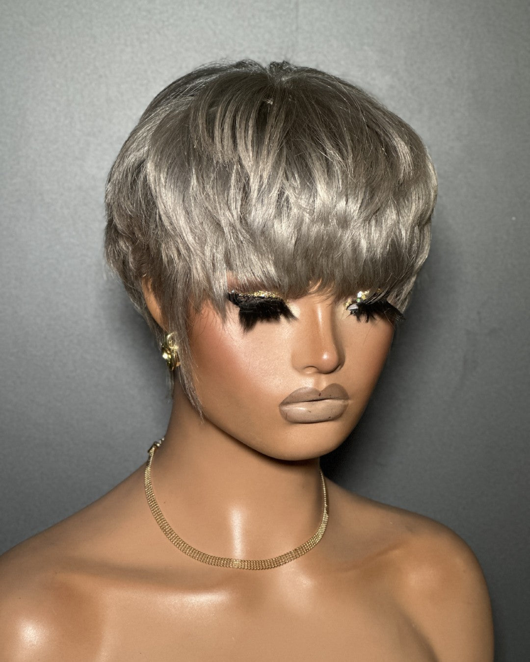 Ash Grey Layered Pixie Cut Glueless Human Hair Wig With Bangs