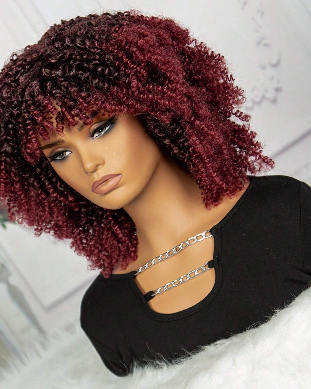 Cherry Colored Afro Curly Bangs Wig