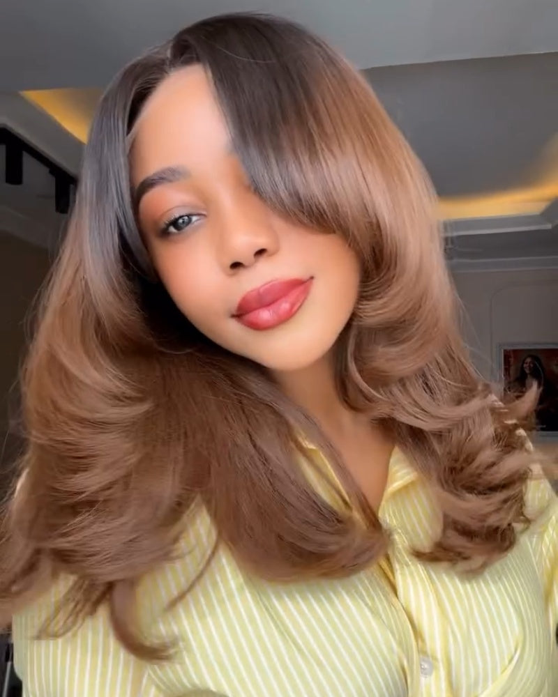 Ombre Brown Butterfly Layered Cut Bangs 5×5 Lace Closure Wig
