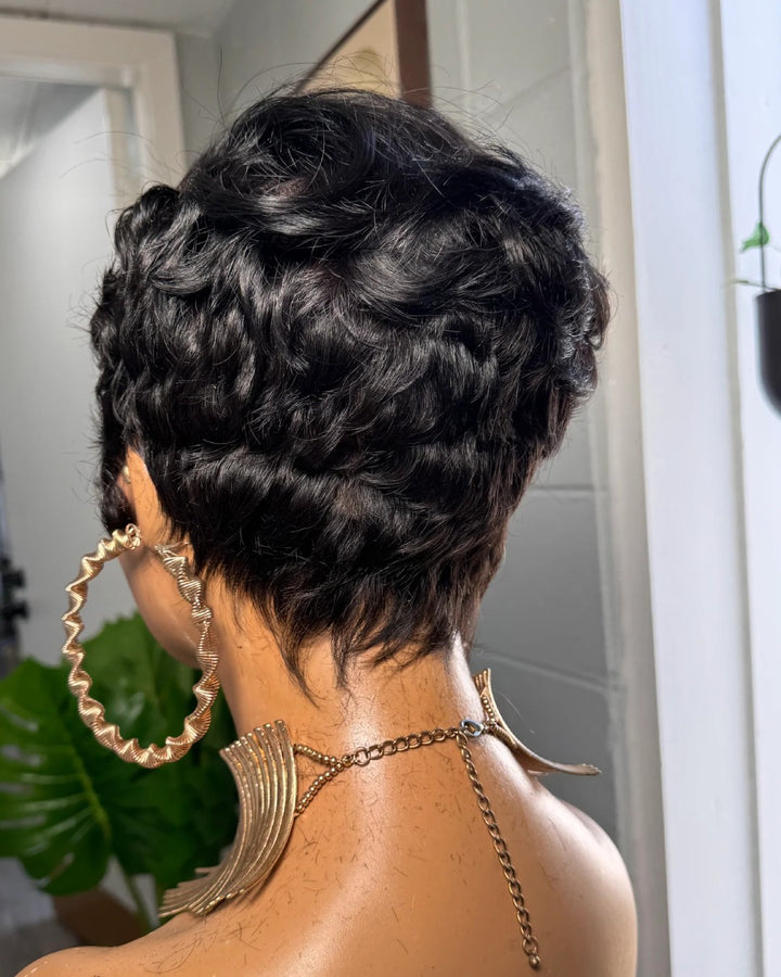 Full Lace Glueless Natural Black Pixie Cut Wig With Bangs