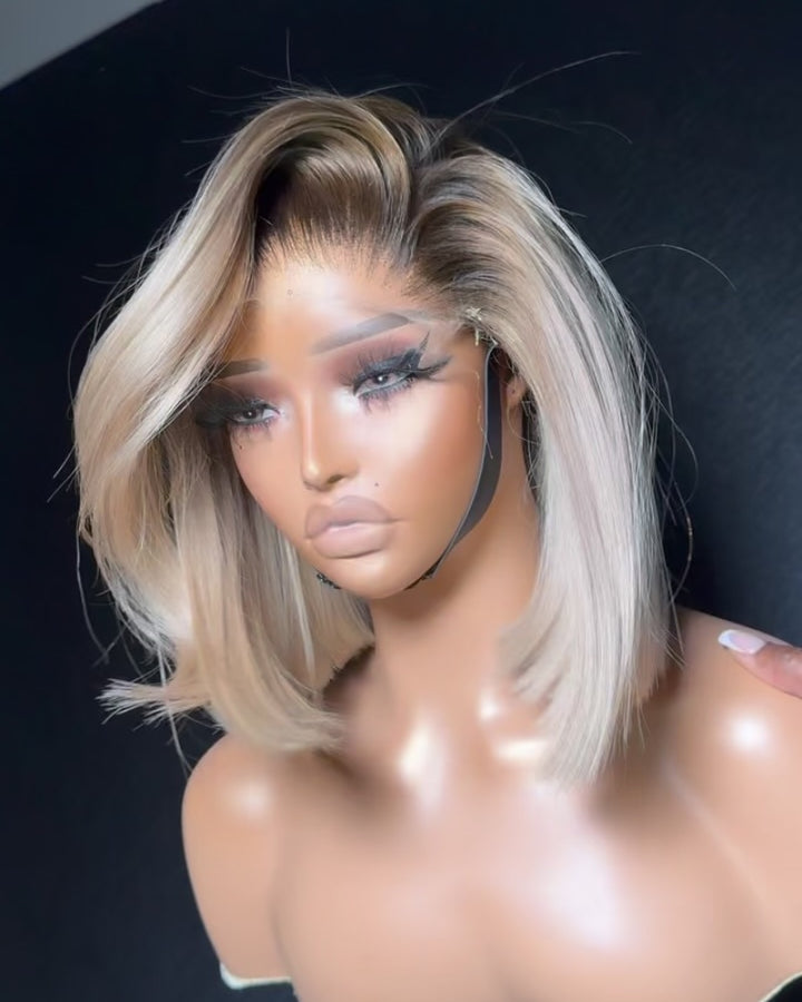 White Blonde With Dark Roots Side parted 13x4 Frontal Lace Wig