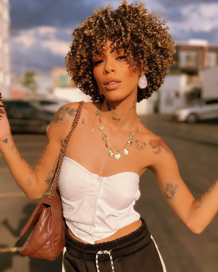 Wear & Go Honey Blonde Highlights Afro Kinky Coily Glueless Bob Wig With Bangs