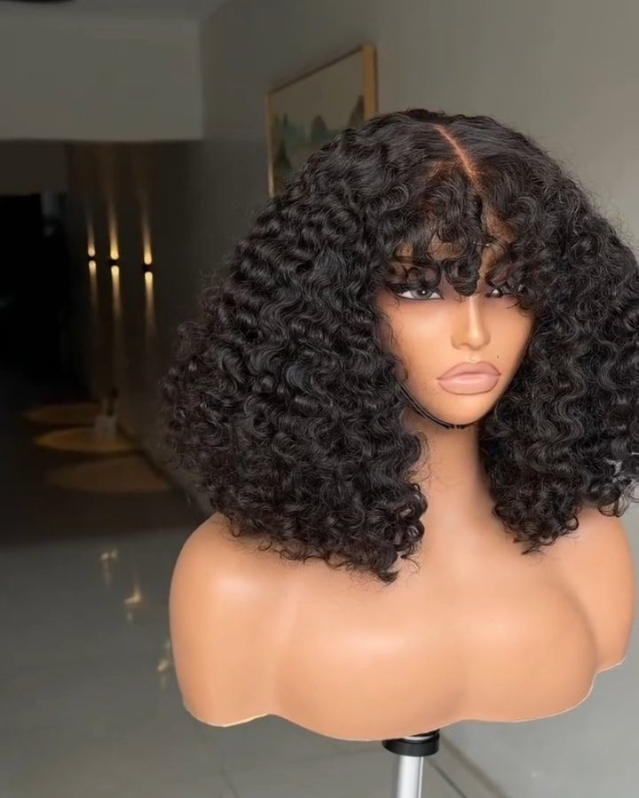 Water Curls Bangs Hair 5x5 Lace Closure Wig