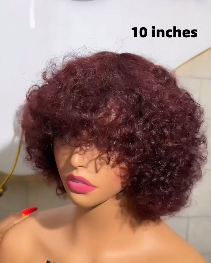 Beginner Friendly Glueless Burgundy Curly Bangs Wig