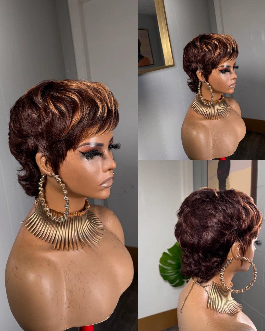 Glueless Shaggy Wolf Cut Red Brown Highlights Bangs Wig