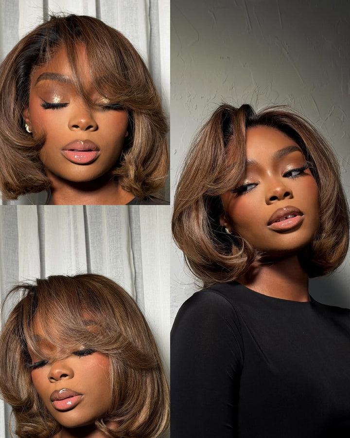 Dark Gold Highlighted Layered Wavy Curtain Bangs Lace Front Wig