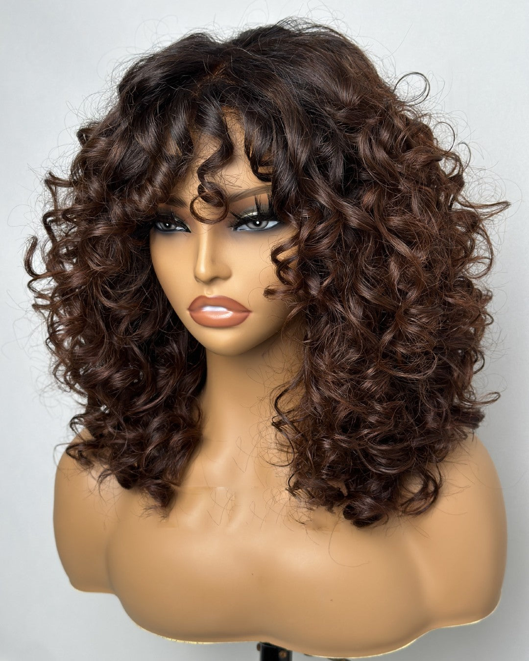 Light Brown Black Hair Root Glueless Curly Bang Wig