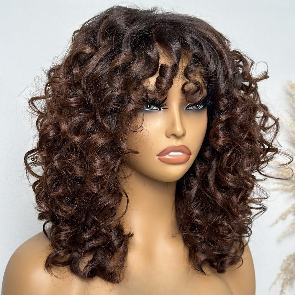 Light Brown Black Hair Root Glueless Curly Bang Wig