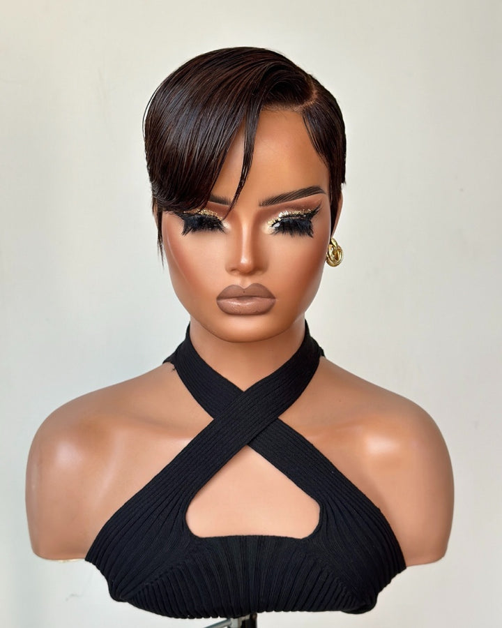 Dark Brown Full Lace Pixie Cut Wig With Side Swept Bangs