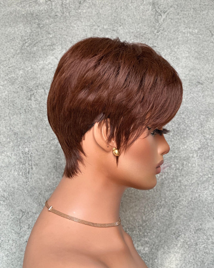 Put On & Go Brown Layered Pixie Cut Human Hair Wig With Bangs