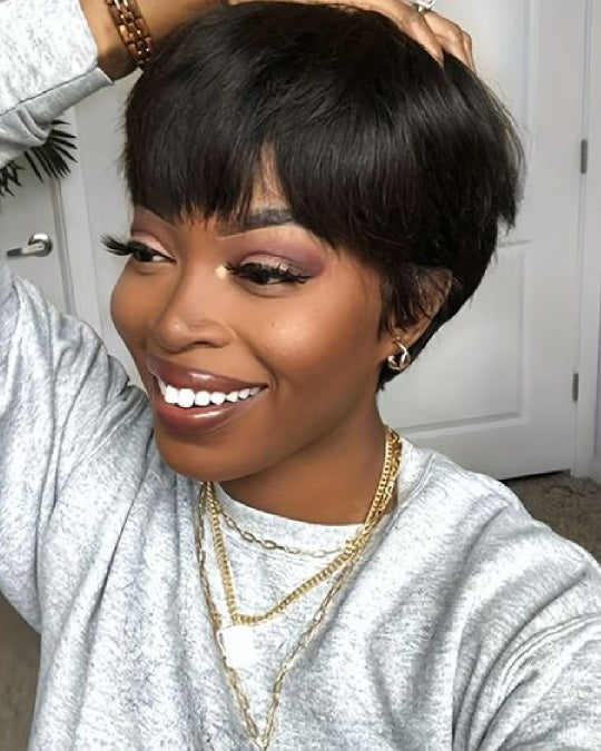 No Lace Short Pixie Cut Layered Bob Wig With Bangs