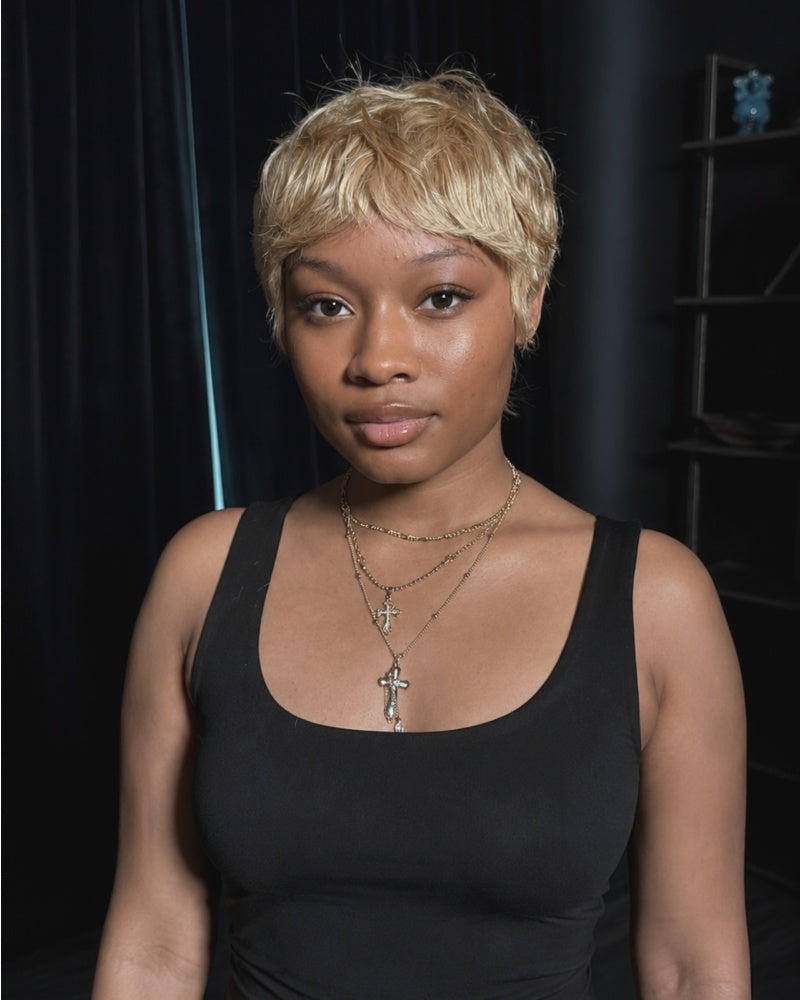 Wear & Go Tousled Blonde Pixie Mullet Wig With Wispy Bangs