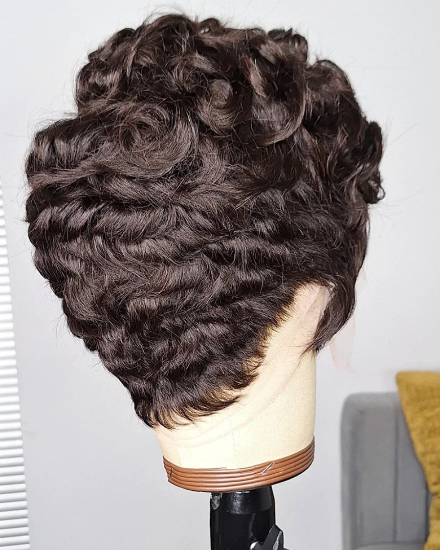 Side Bang Wave Curls Full Lace Short Pixie Cut Wig