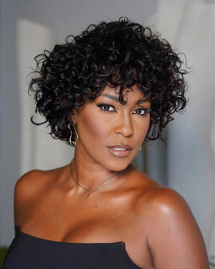 Wear & Go Wavy Curly Bangs Human Hair Wig