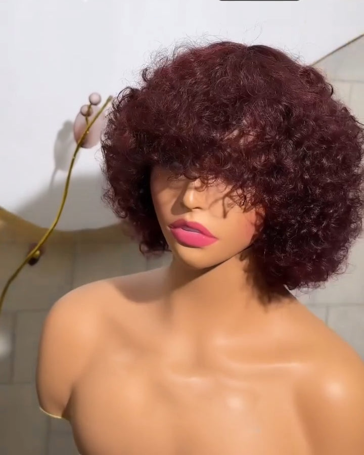 Beginner Friendly Glueless Burgundy Curly Bangs Wig