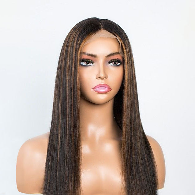 Kinky Straight Chestnut Brown Highlights 13x4 Lace Frontal Wig