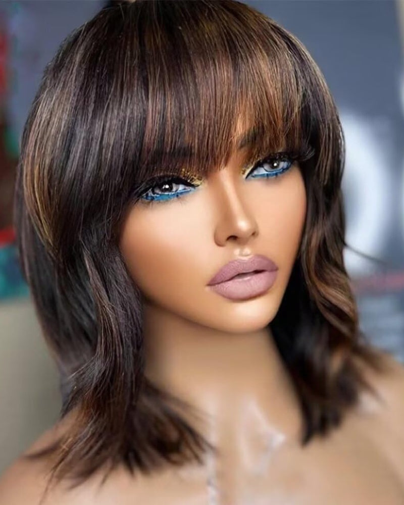 Straight Highlight Brown Bob Wig With Bangs