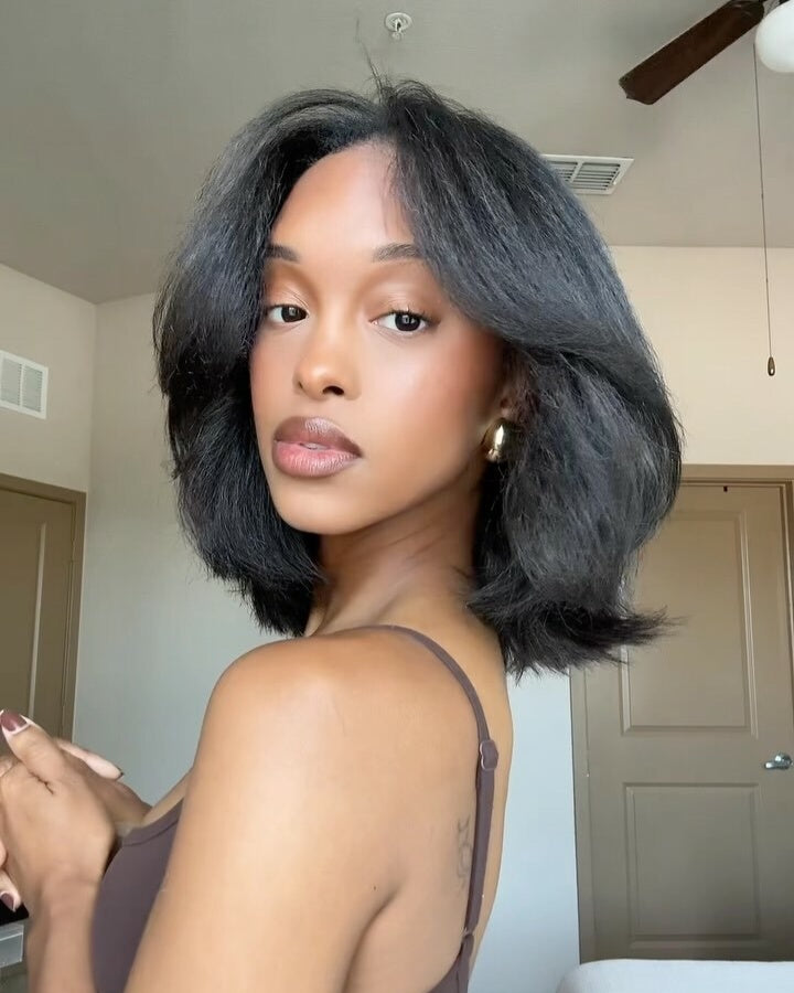 Natural Kinky Straight Layered Blowout Bob 5x5 Lace Closure Wig
