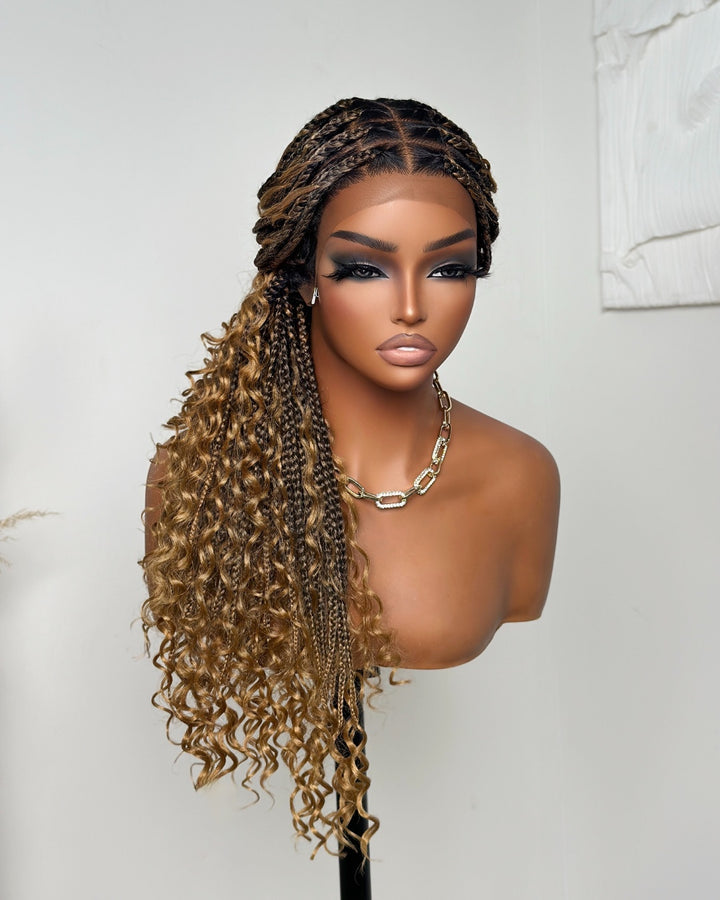 Tangleless Full Lace Bohemian Braided Curls Ombre Blonde Invisi Drawstring Wig