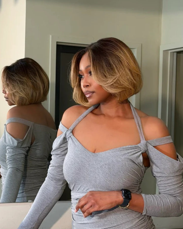 Blonde balayage layered wavy bangs 5x5 lace closure wig