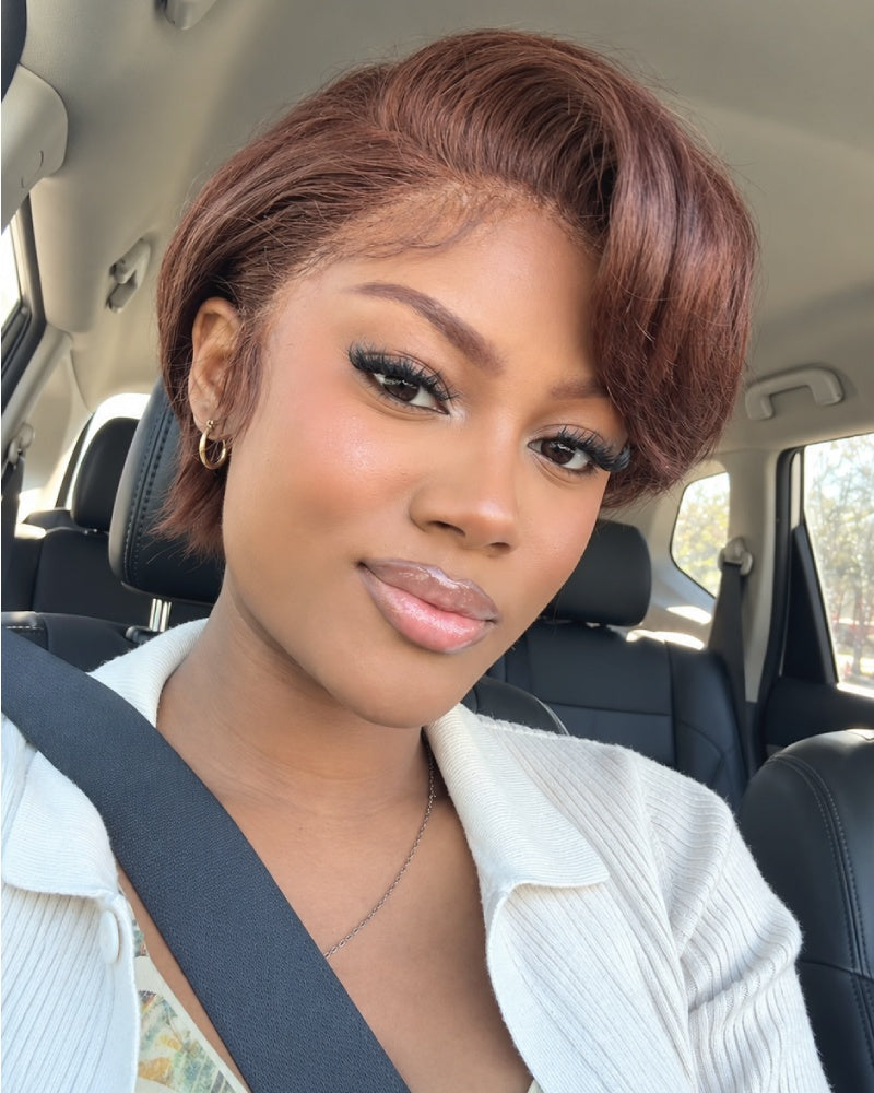 Chic Brown Layered Pixie 5x5 Lace Wig with Side Swept Bangs