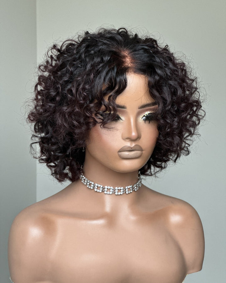 Ombre Reddish Brown Pixie Curly 5x5 Lace Closure Wig With Bangs