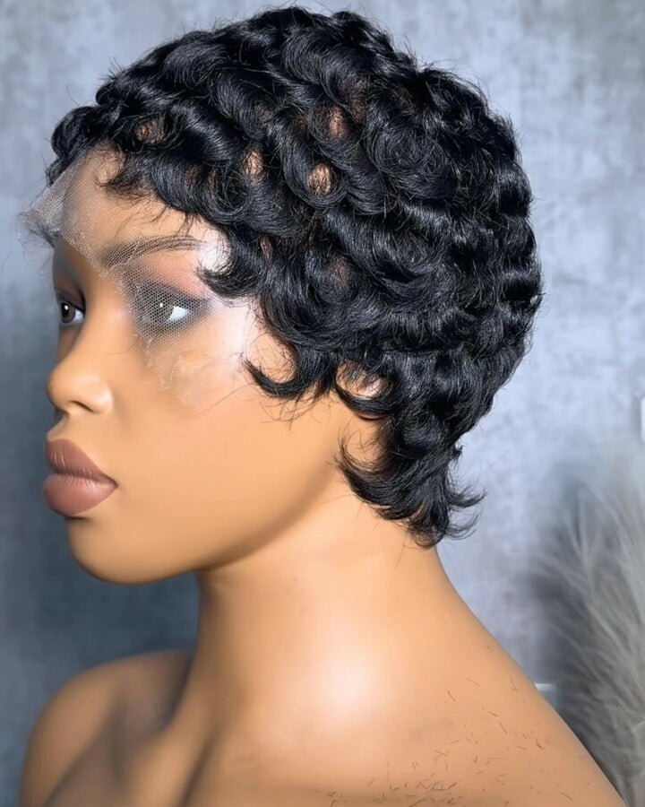 Natural Realistic Short Pixie Cut Curly Full Lace Wig