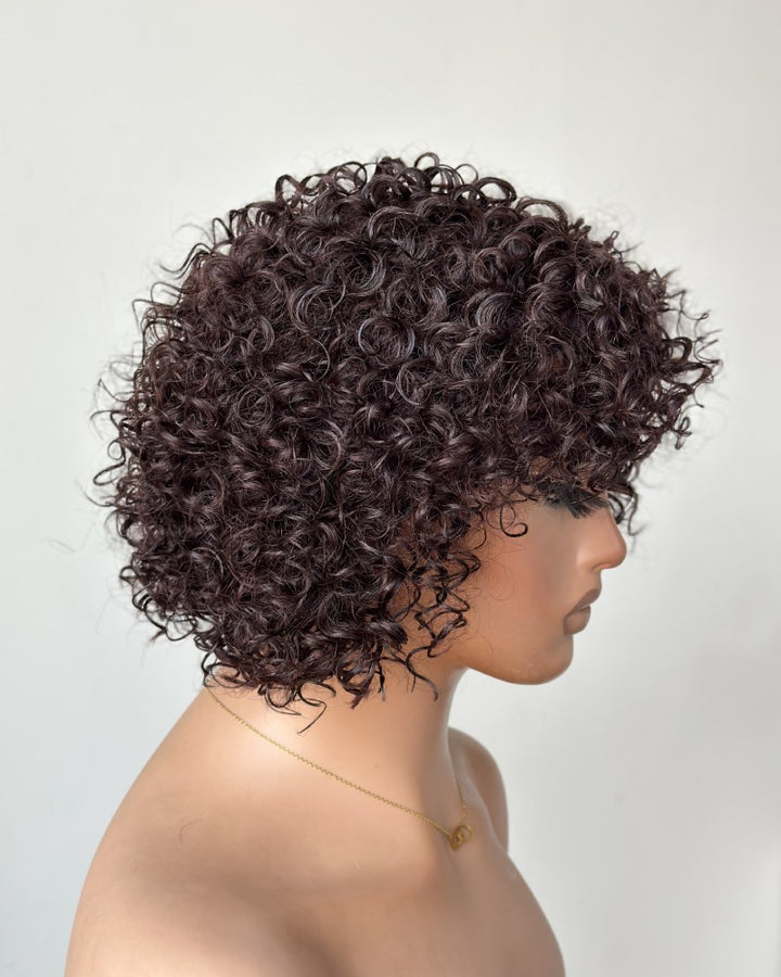 Put on & Go Brown Pixie Cut Curly Bob Wig 100% Human Hair