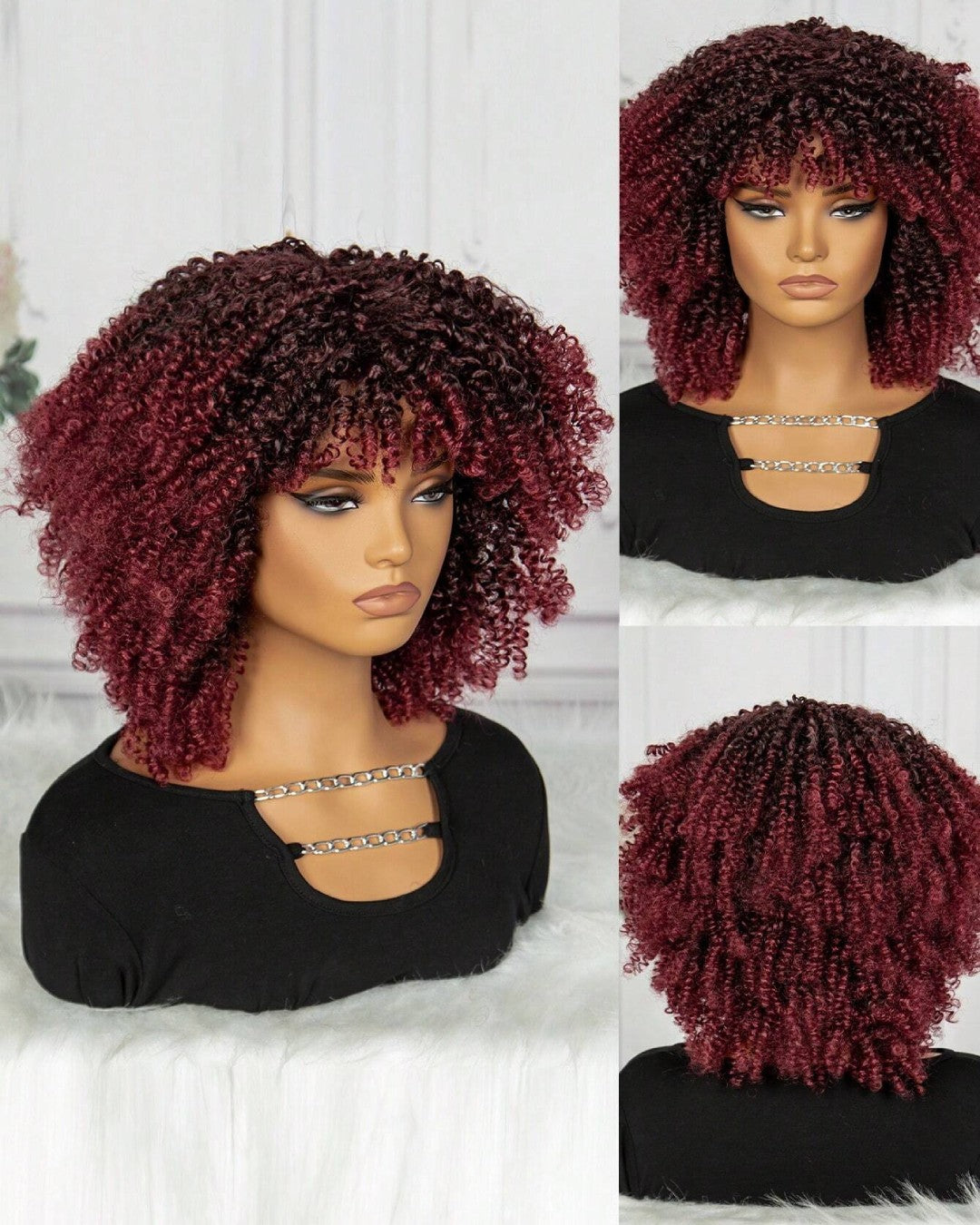 Cherry Colored Afro Curly Bangs Wig