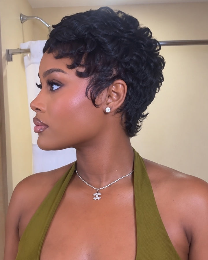Vintage Flair Curly Pixie Mullet 13x6 Lace Wig with Curled Bangs