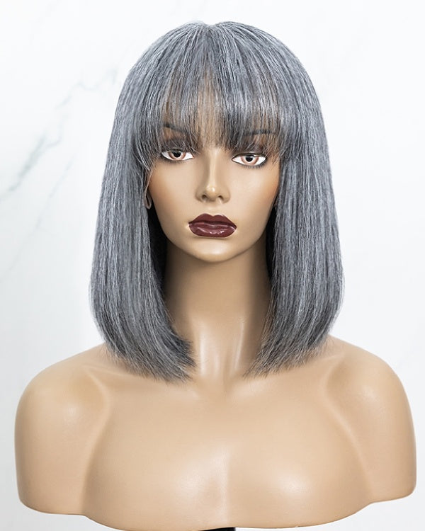 Salt And Pepper Grey Bob With Bangs Glueless Wig