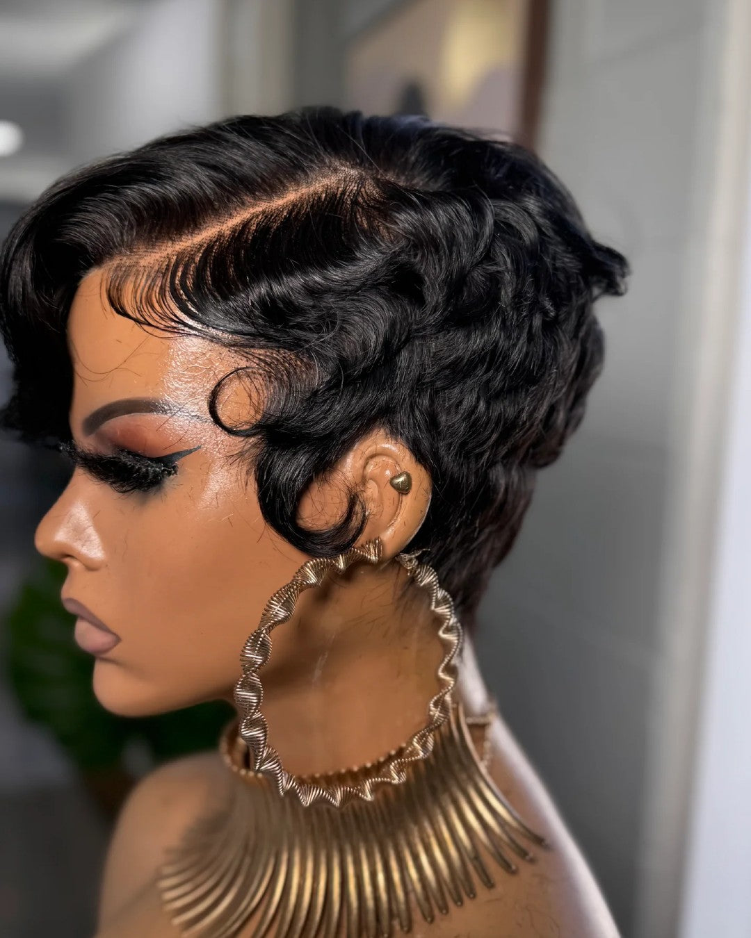 Full Lace Glueless Natural Black Pixie Cut Wig With Bangs