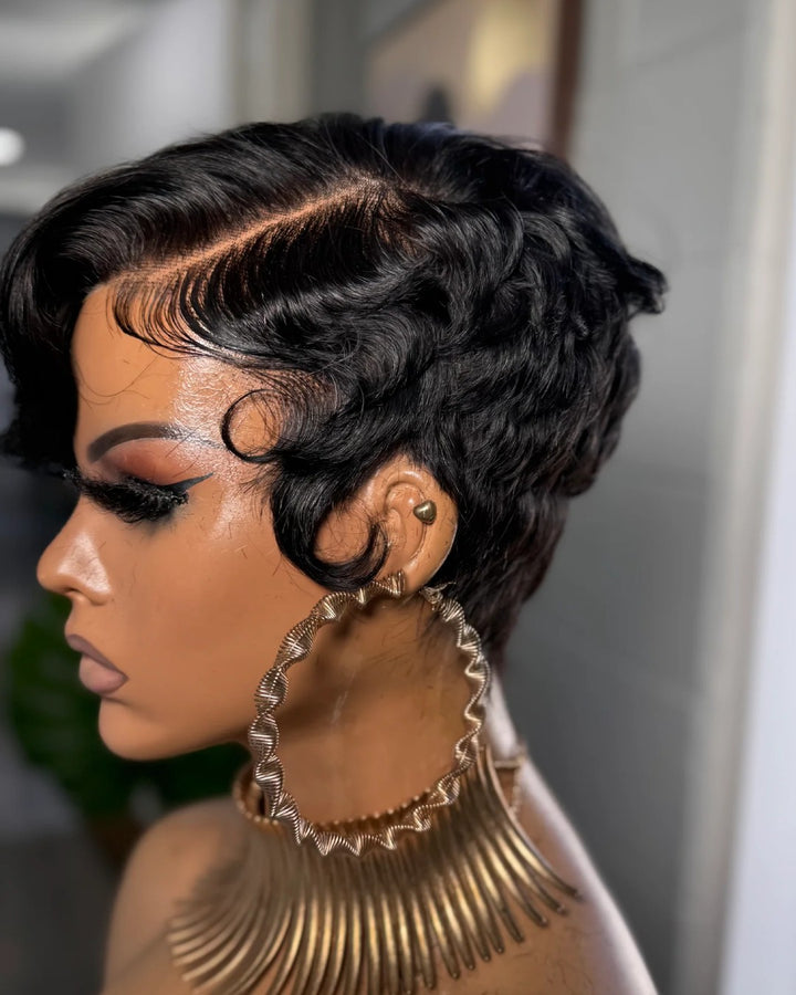 Full Lace Glueless Natural Black Pixie Cut Wig With Bangs