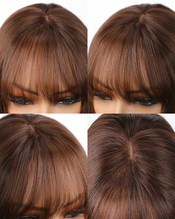 Brown Color Layered Bangs Straight 5x5 Lace Wig