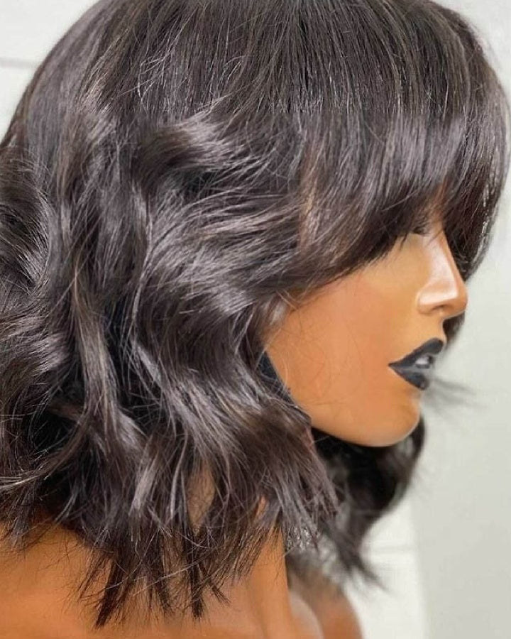 Glueless Short Layered Wavy Bangs Wig