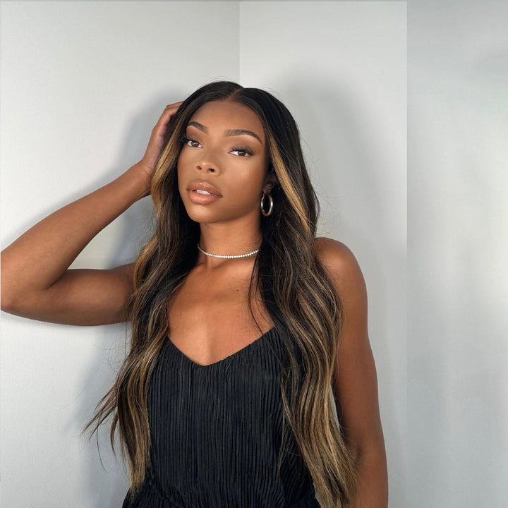 Brown Hair Wig With Caramel Highlights Lace Frontal Wig