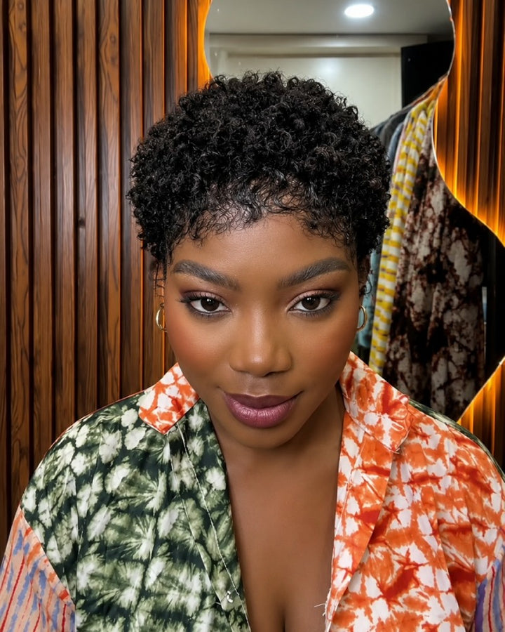 Beginner-friendly Black & Burgundy Short Curly Pixie Wig