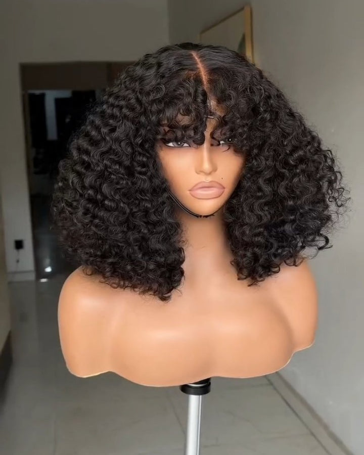 Water Curls Bangs Hair 5x5 Lace Closure Wig