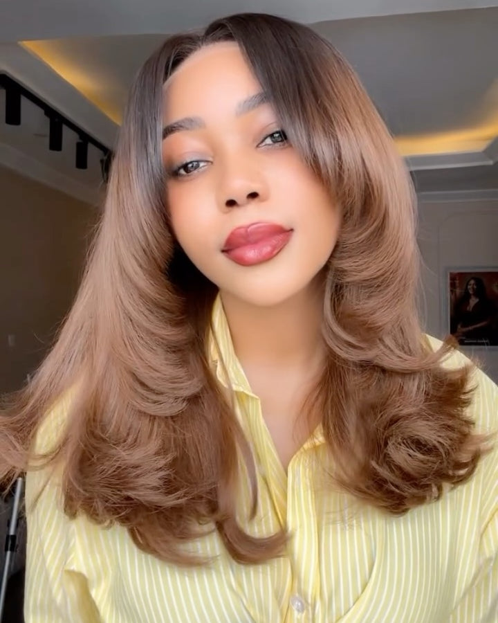 Ombre Brown Butterfly Layered Cut Bangs 5×5 Lace Closure Wig