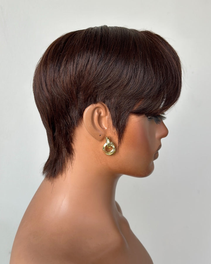Dark Brown Full Lace Pixie Cut Wig With Side Swept Bangs
