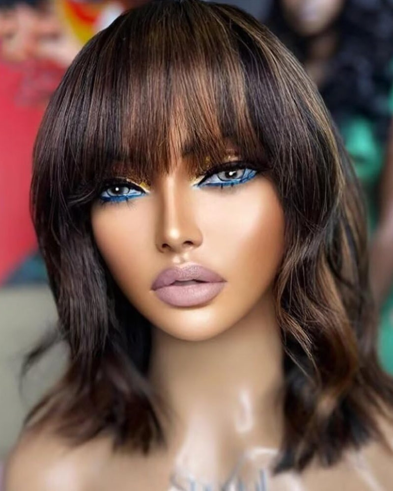 Straight Highlight Brown Bob Wig With Bangs