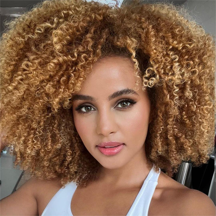 Honey Blonde Highlights Afro Kinky Coily Glueless Wig