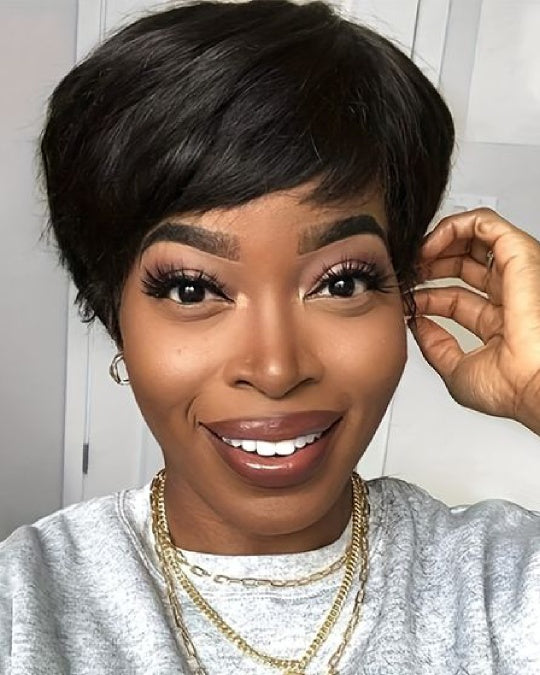 No Lace Short Pixie Cut Layered Bob Wig With Bangs