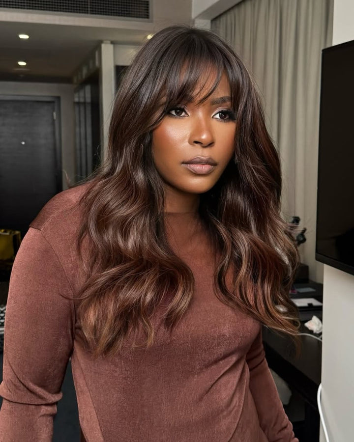Ombre  Brown Layered Curtain Bangs Wavy Lace Closure Wig