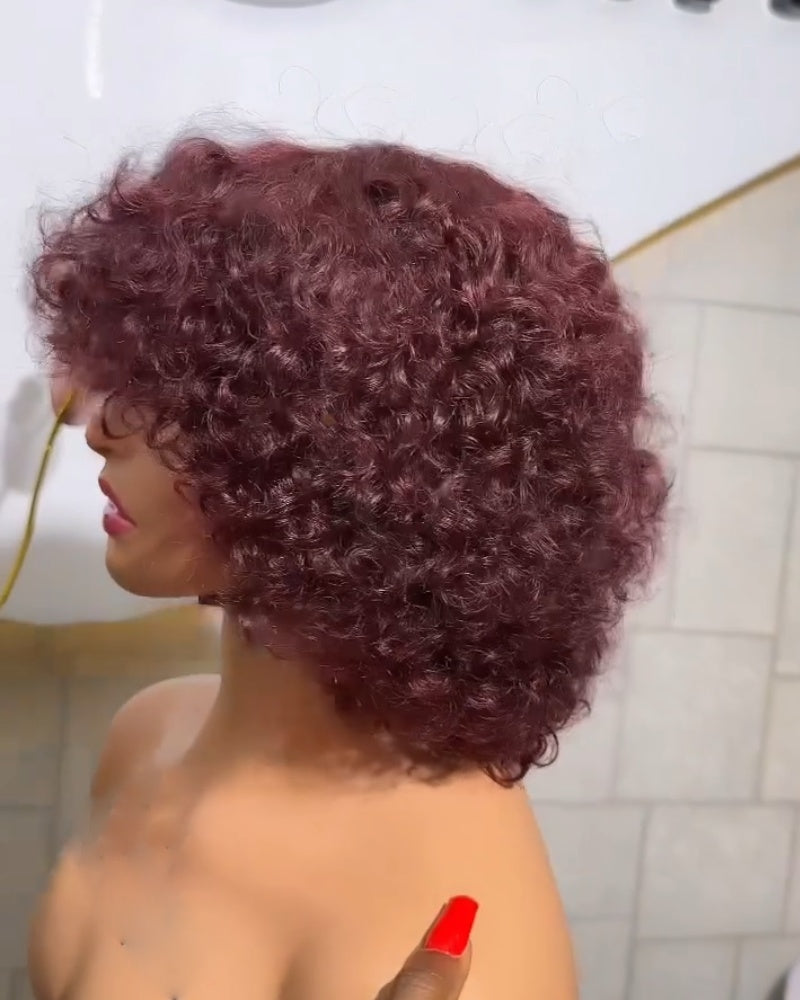 Beginner Friendly Glueless Burgundy Curly Bangs Wig