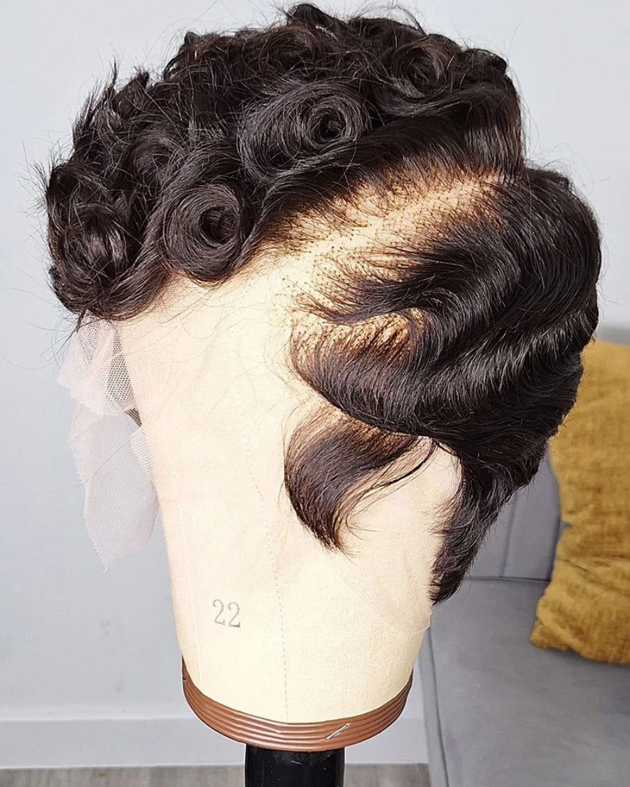 Side Bang Wave Curls Full Lace Short Pixie Cut Wig