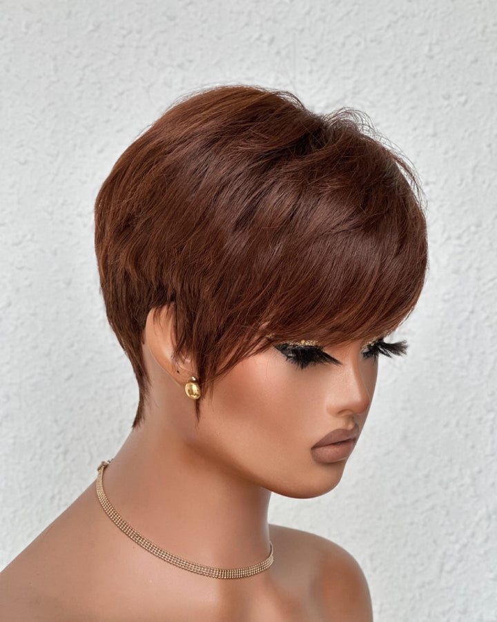 Put On & Go Brown Layered Pixie Cut Human Hair Wig With Bangs