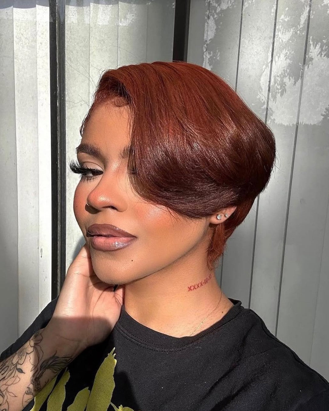 Copper Color Pixie Cut Side Long Bangs Lace Front Wig