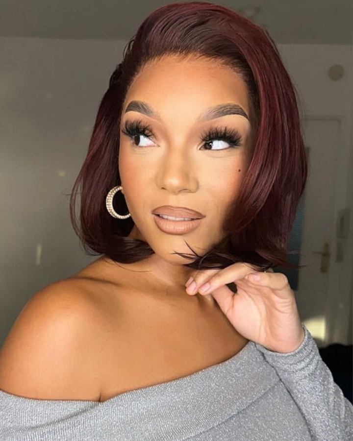 Burgundy Side Part Bob Human Hair Invisible Lace Front Wig